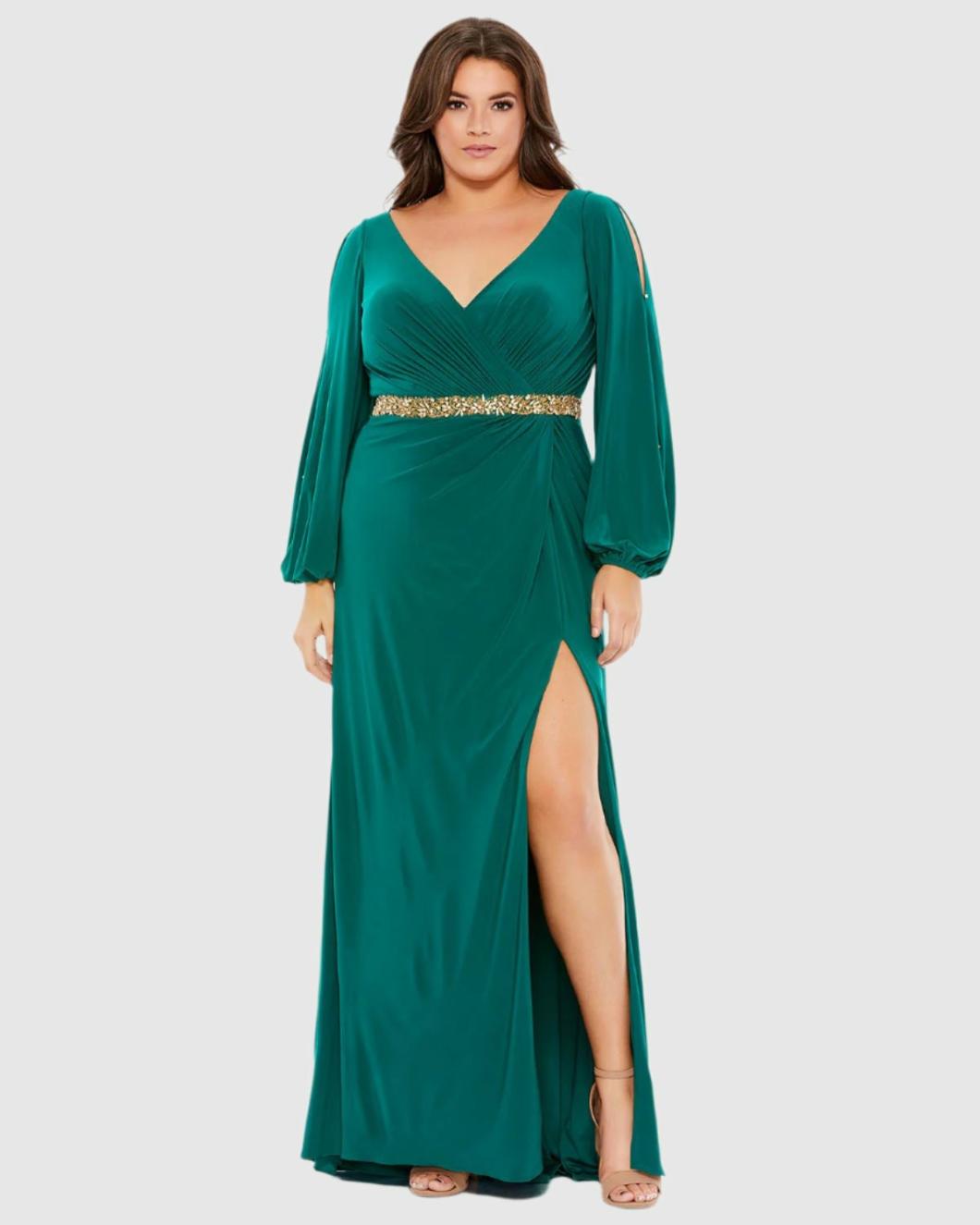 Plus Size Dresses | Women Mac Duggal Green Split Sleeve Surplice Gown (Plus) Emerald Green