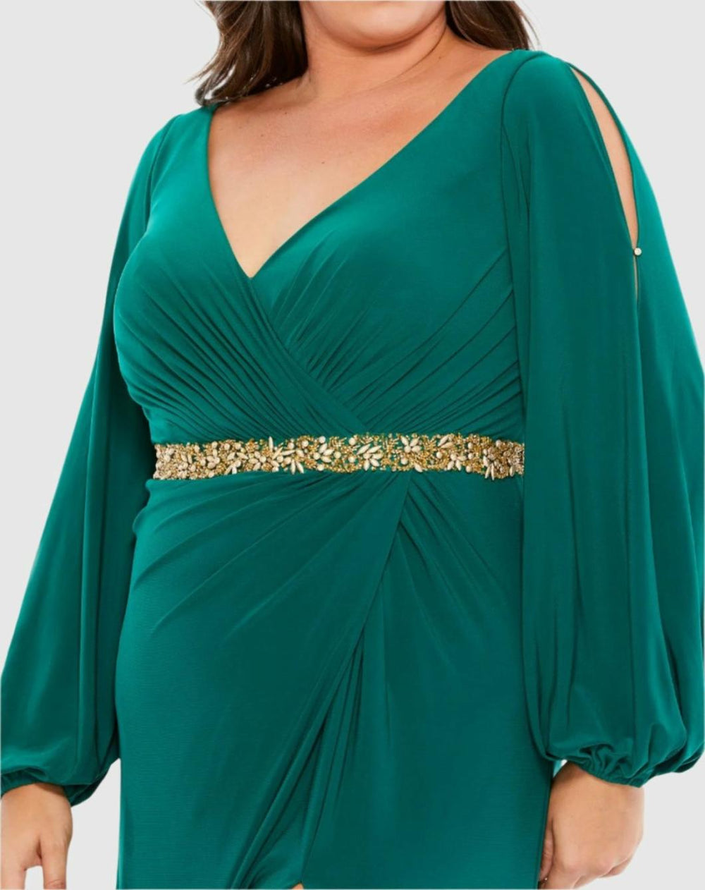 Plus Size Dresses | Women Mac Duggal Green Split Sleeve Surplice Gown (Plus) Emerald Green