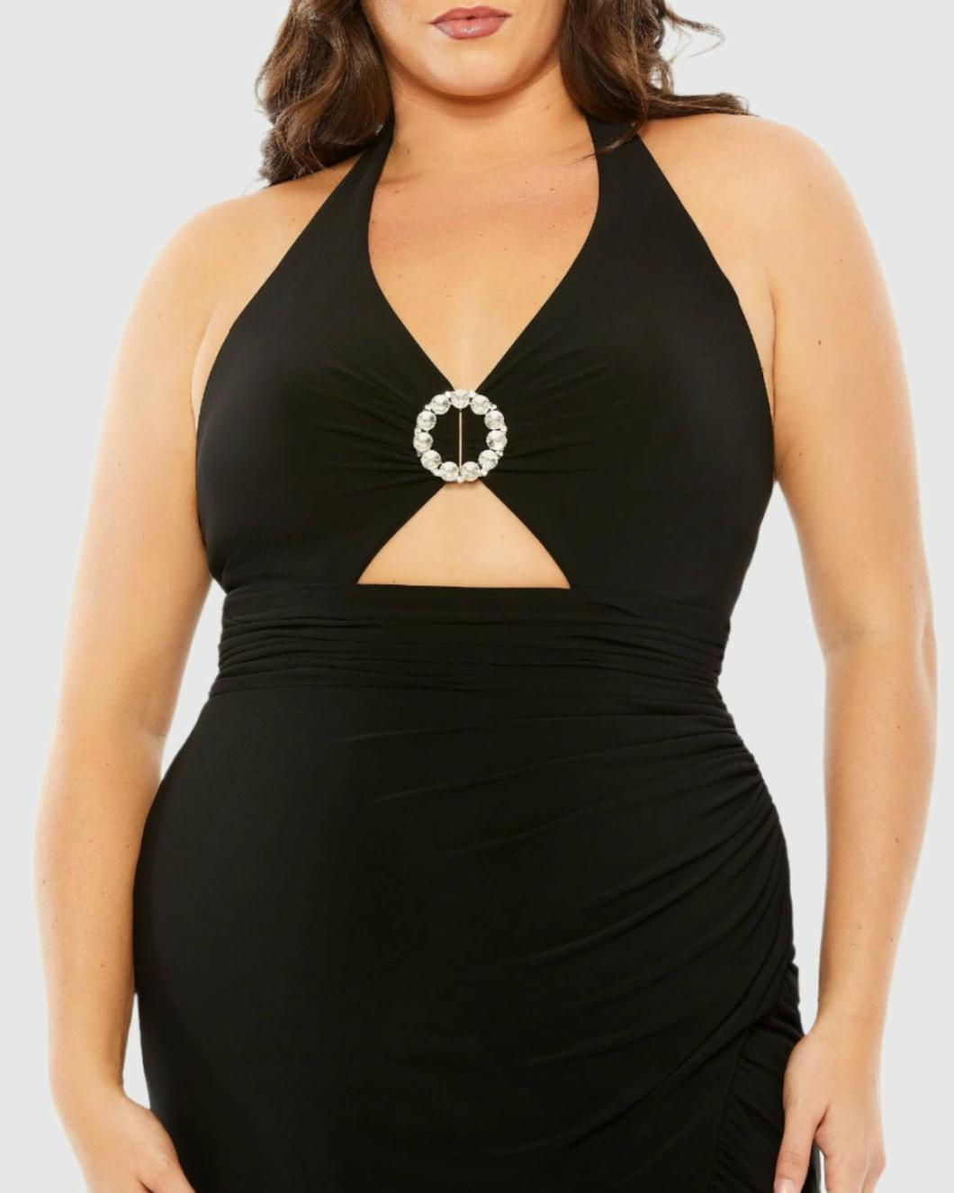Plus Size Dresses | Women Mac Duggal Halter Tie Keyhole Detail Gown With Slit Black
