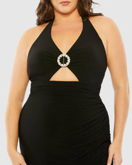 Plus Size Dresses | Women Mac Duggal Halter Tie Keyhole Detail Gown With Slit Black