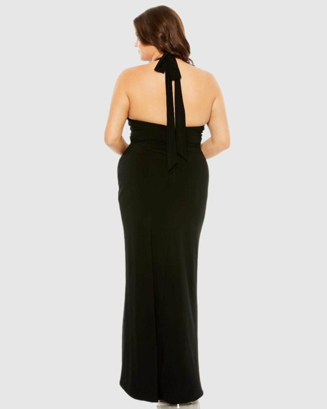 Plus Size Dresses | Women Mac Duggal Halter Tie Keyhole Detail Gown With Slit Black