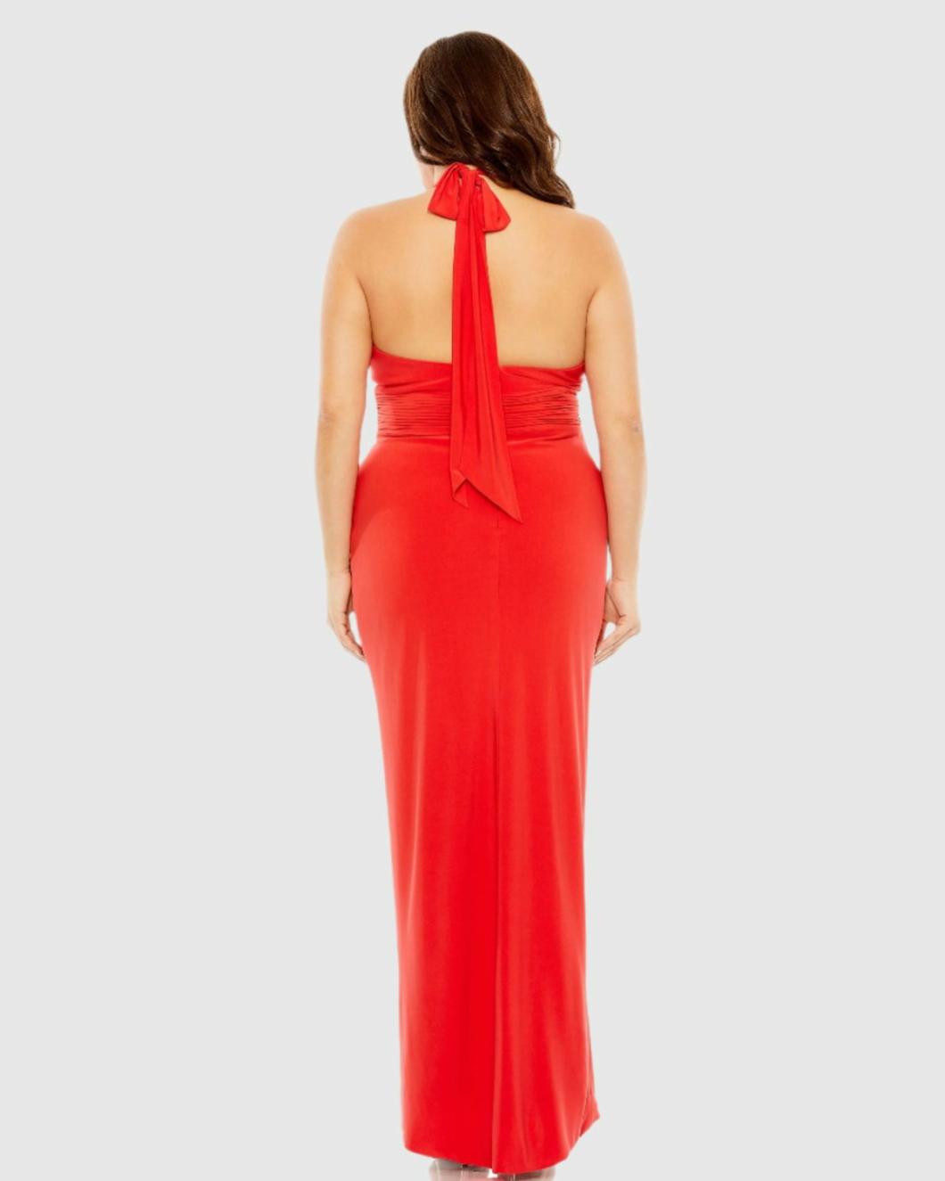 Plus Size Dresses | Women Mac Duggal Halter Tie Keyhole Detail Gown With Slit Black