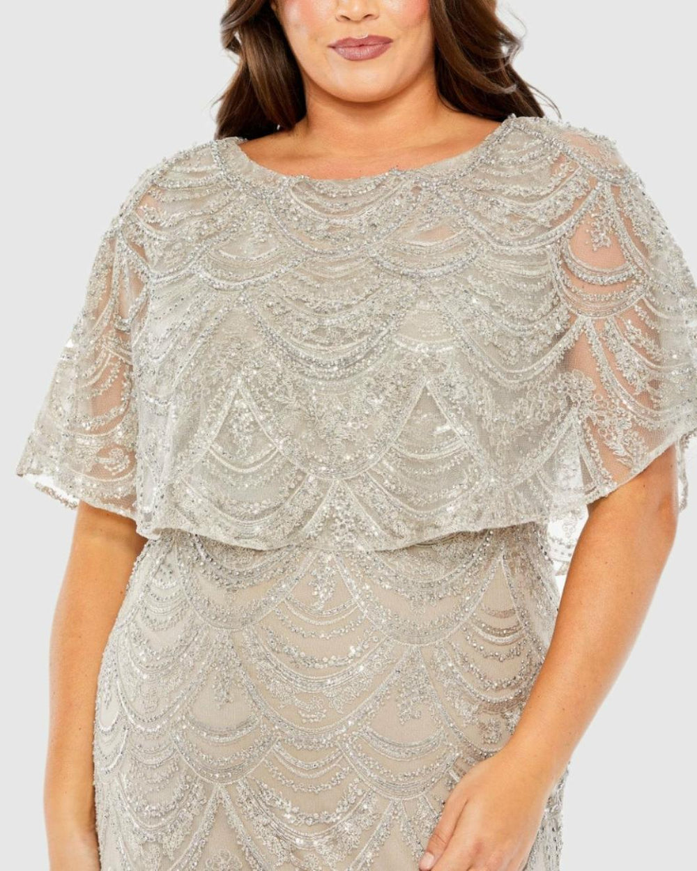 Plus Size Dresses | Women Mac Duggal High Neck Embellished Column Dress With Cape Plus Size Gown Platinum