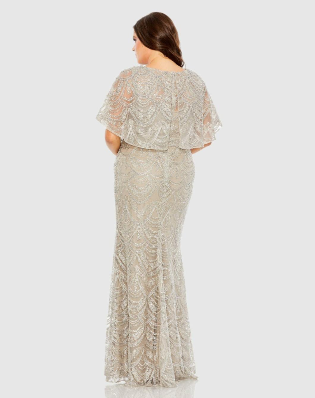Plus Size Dresses | Women Mac Duggal High Neck Embellished Column Dress With Cape Plus Size Gown Platinum