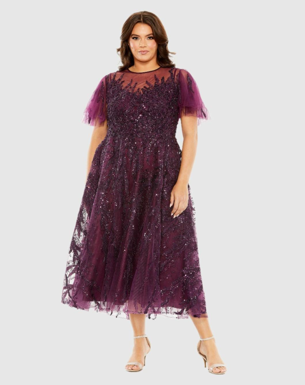 Plus Size Dresses | Women Mac Duggal High Neck Flutter Sleeve A Line Embellished Dress Plum