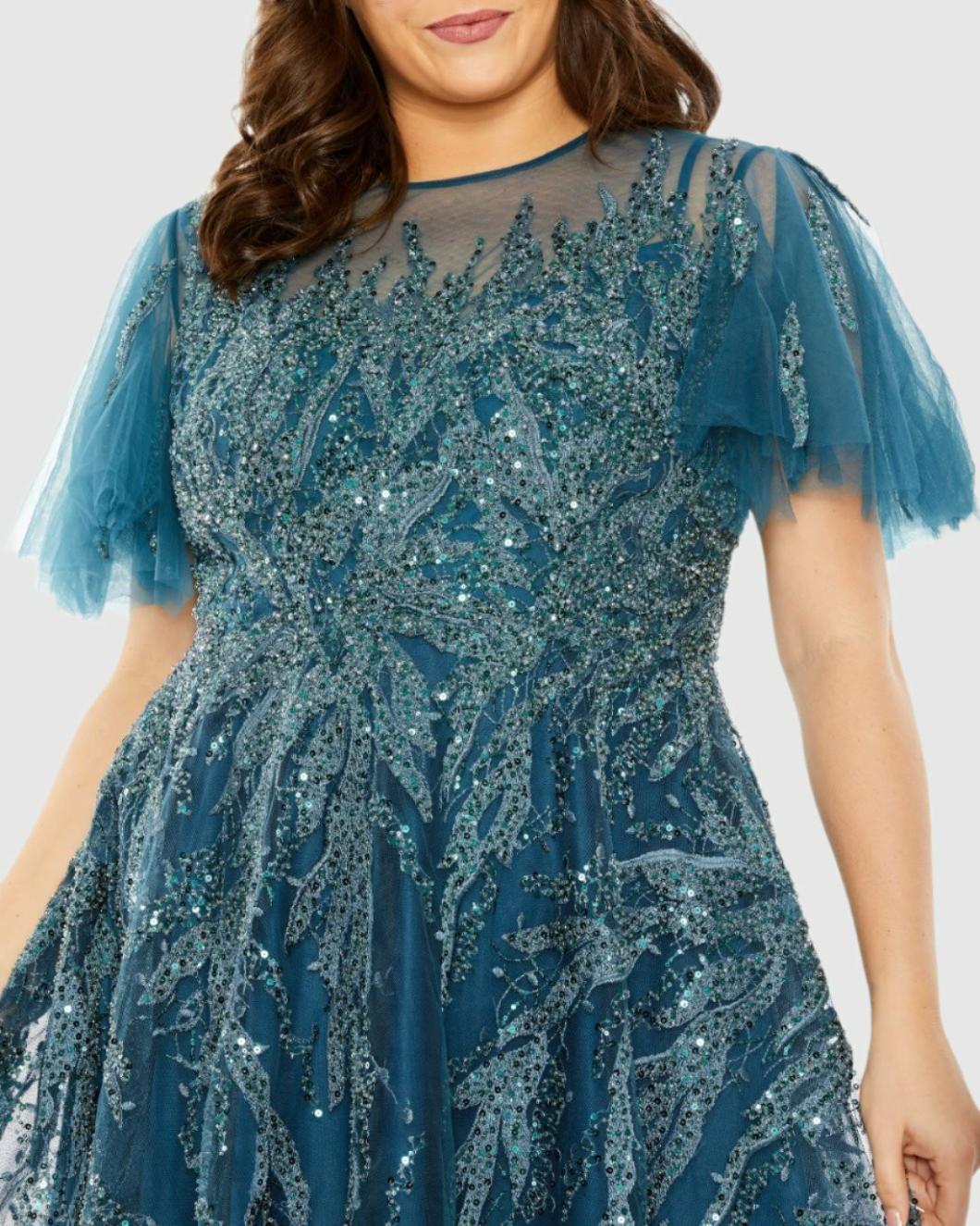 Plus Size Dresses | Women Mac Duggal High Neck Flutter Sleeve A Line Embellished Dress Plum