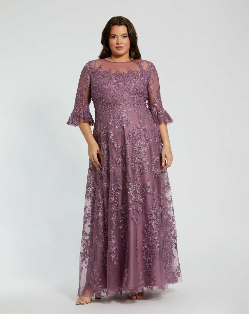 Plus Size Dresses | Women Mac Duggal High Neck Flutter Sleeve Embroidered A Line Dress Vintage Lilac