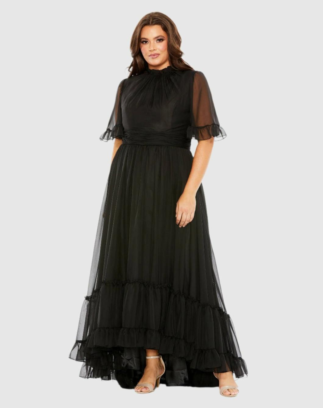 Plus Size Dresses | Women Mac Duggal High Neck Flutter Sleeve Ruffle Tiered High Low Gown Black