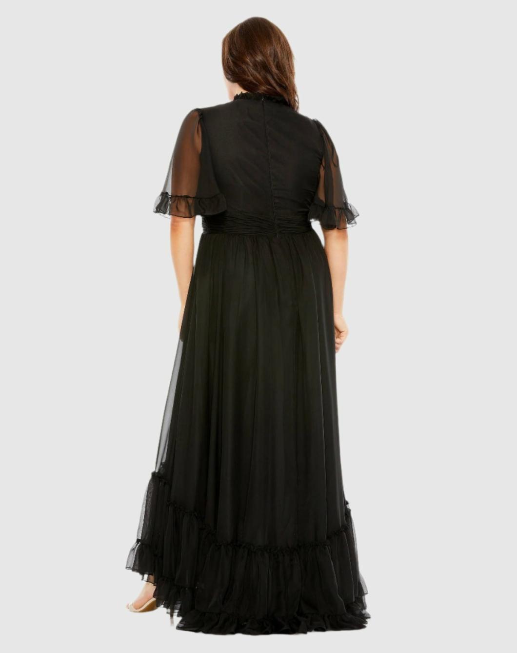 Plus Size Dresses | Women Mac Duggal High Neck Flutter Sleeve Ruffle Tiered High Low Gown Black