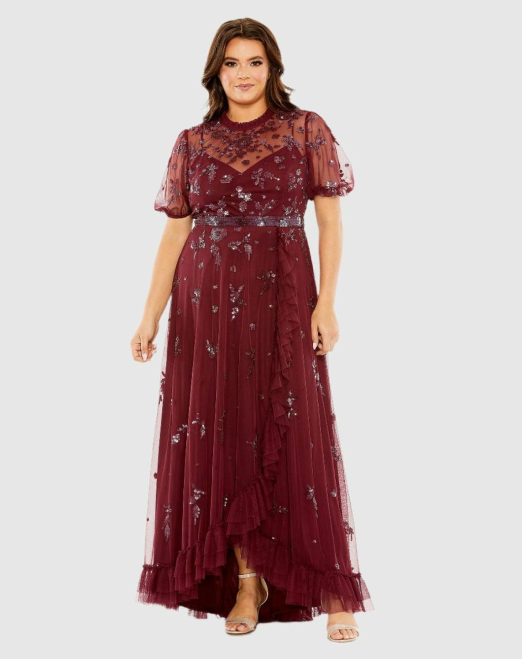 Plus Size Dresses | Women Mac Duggal High Neck Puff Short Sleeve Embellished Faux Wrap Gown Bordeaux