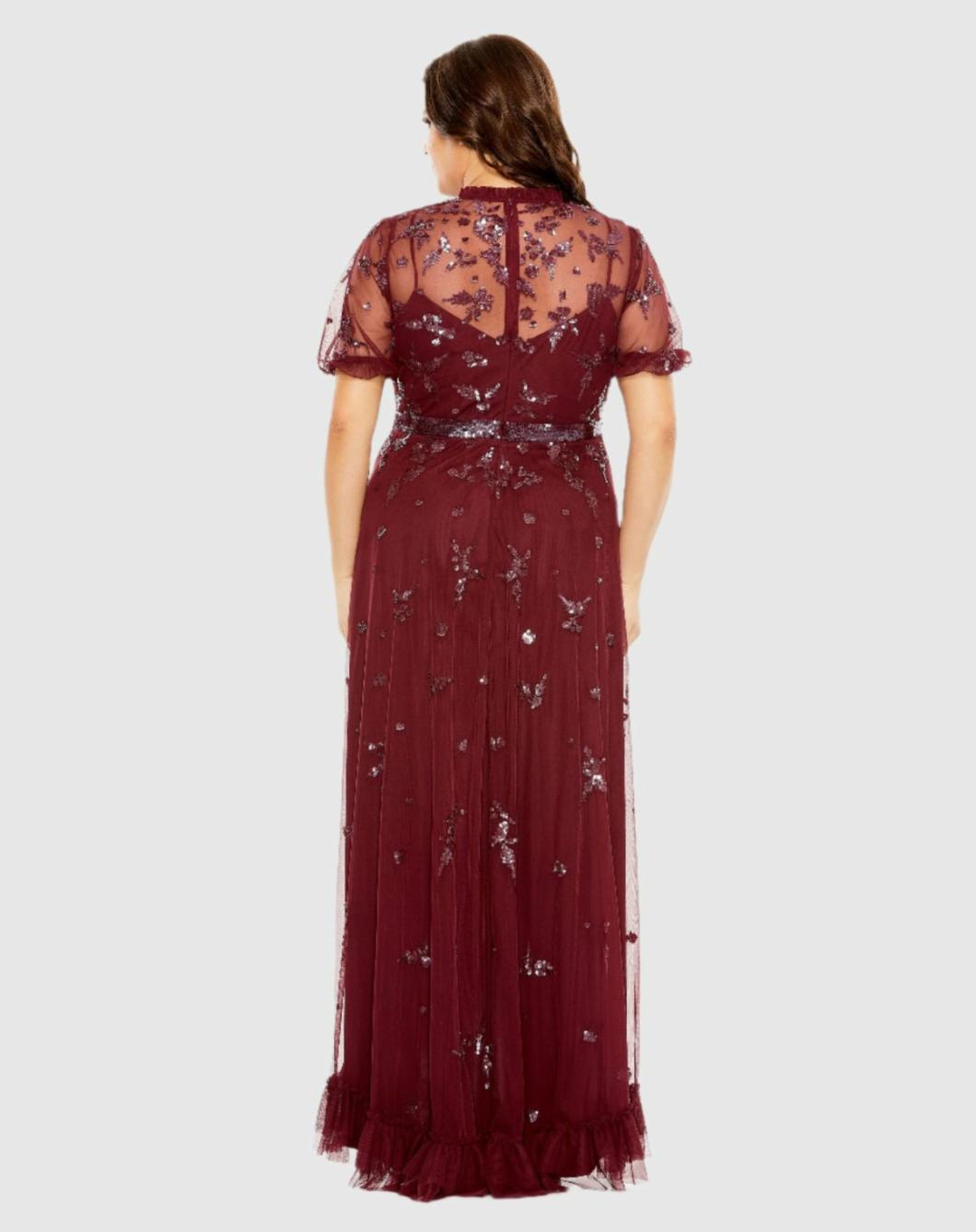 Plus Size Dresses | Women Mac Duggal High Neck Puff Short Sleeve Embellished Faux Wrap Gown Bordeaux