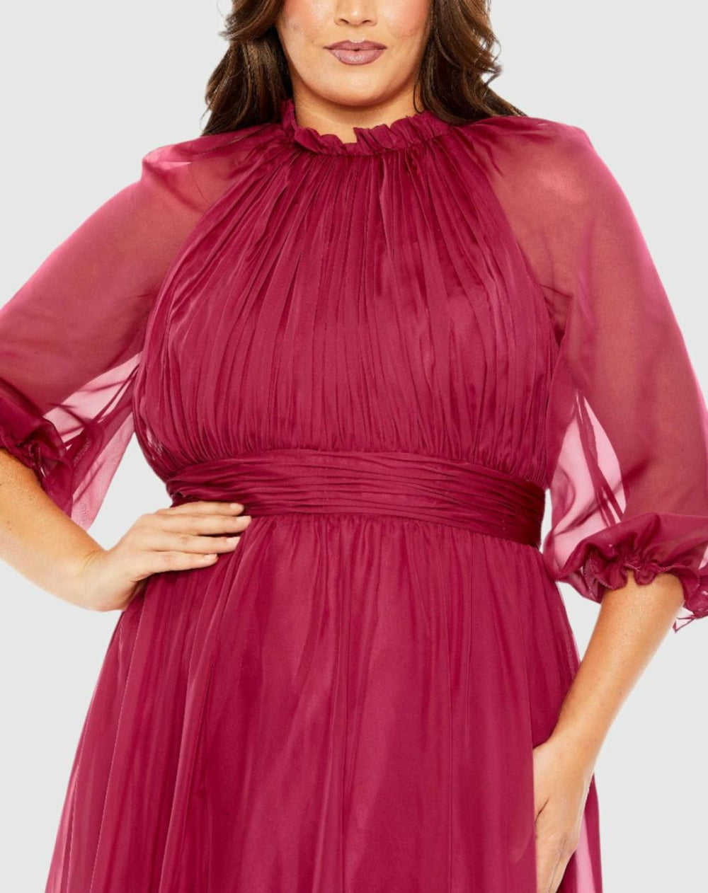 Plus Size Dresses | Women Mac Duggal High Neck Puff Sleeve Tiered A Line Dress Crimson