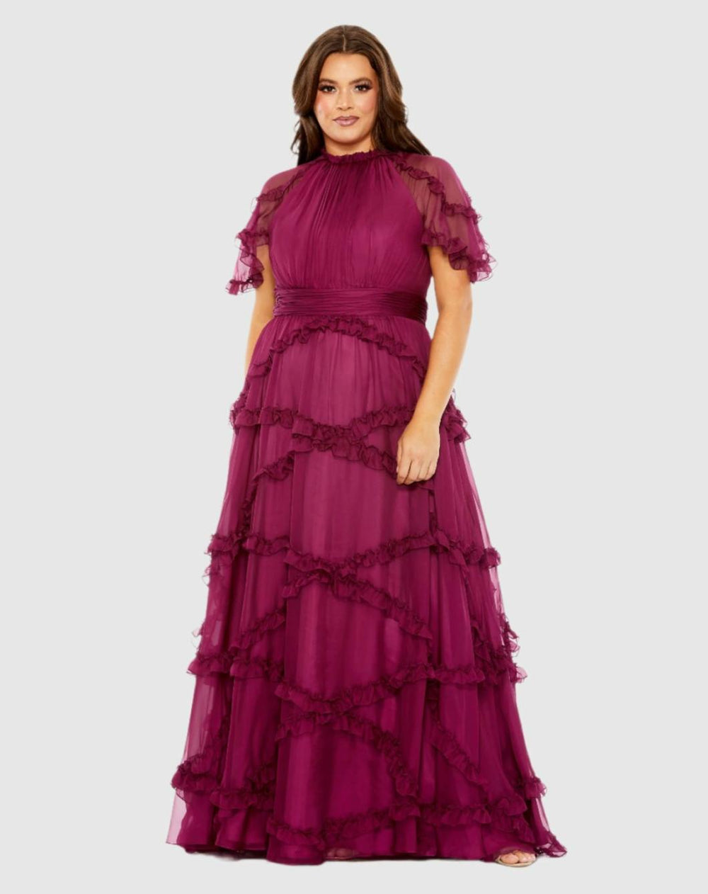 Plus Size Dresses | Women Mac Duggal High Neck Ruffle Tiered Flutter Sleeve Plus Size Dress Raspberry