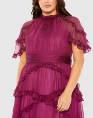Plus Size Dresses | Women Mac Duggal High Neck Ruffle Tiered Flutter Sleeve Plus Size Dress Raspberry