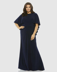 Plus Size Dresses | Women Mac Duggal Jersey Cape Sleeve A Line Gown (Plus) Navy