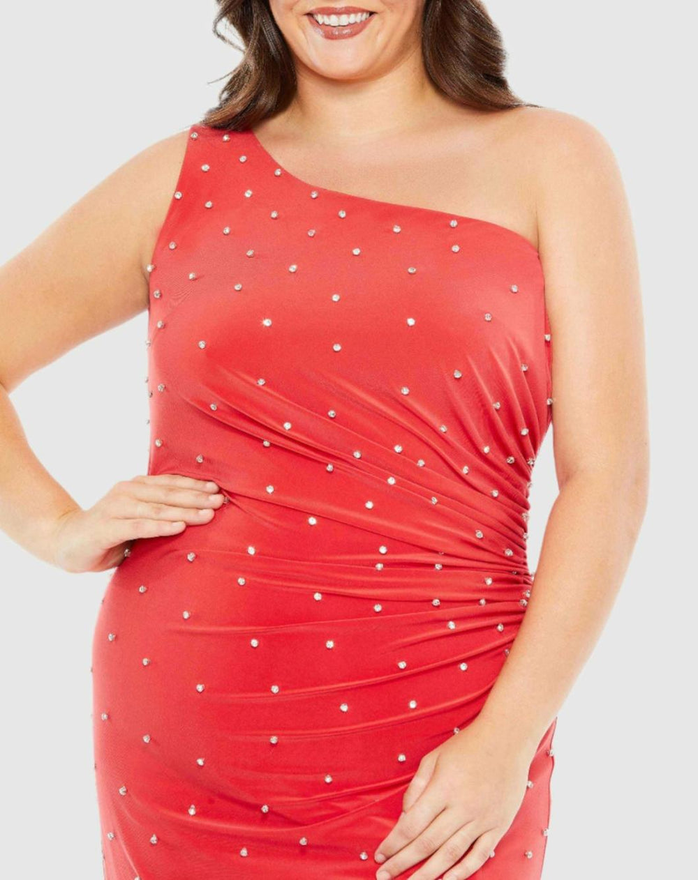 Plus Size Dresses | Women Mac Duggal Jewel Encrusted Draped One Shoulder Gown (Plus) Cherry