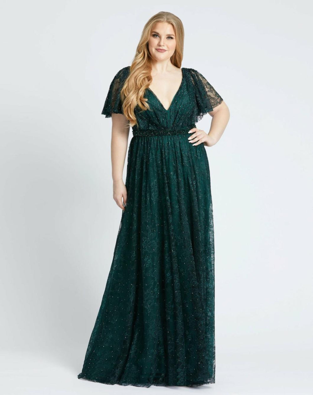 Plus Size Dresses | Women Mac Duggal Lace Flutter Sleeve A Line Gown Midnight