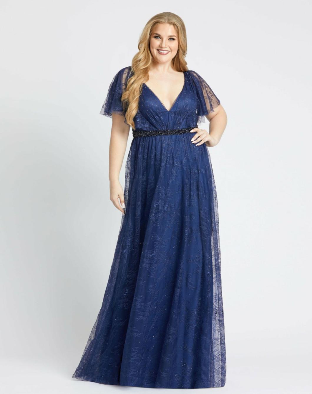 Plus Size Dresses | Women Mac Duggal Lace Flutter Sleeve A Line Gown Midnight