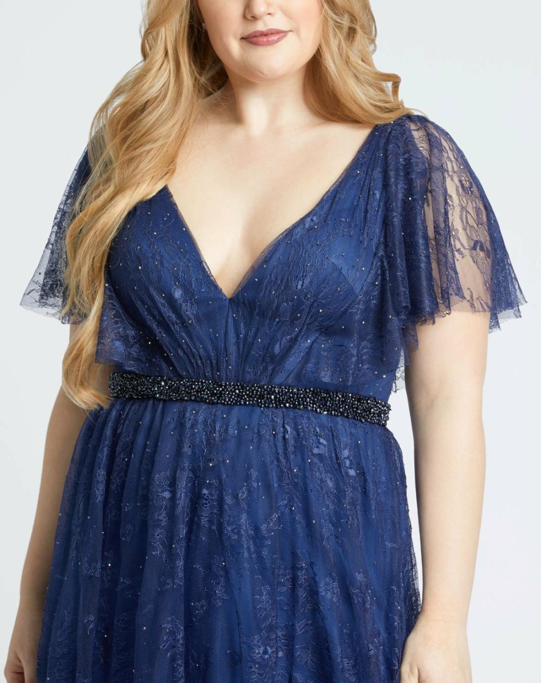 Plus Size Dresses | Women Mac Duggal Lace Flutter Sleeve A Line Gown Midnight