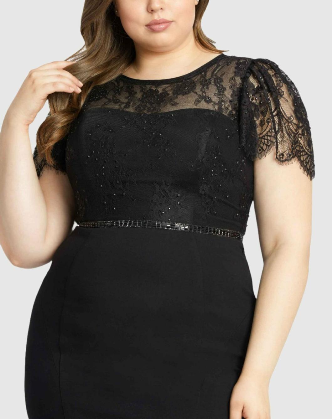 Plus Size Dresses | Women Mac Duggal Lace Illusion High Neck Cap Sleeve Gown Black