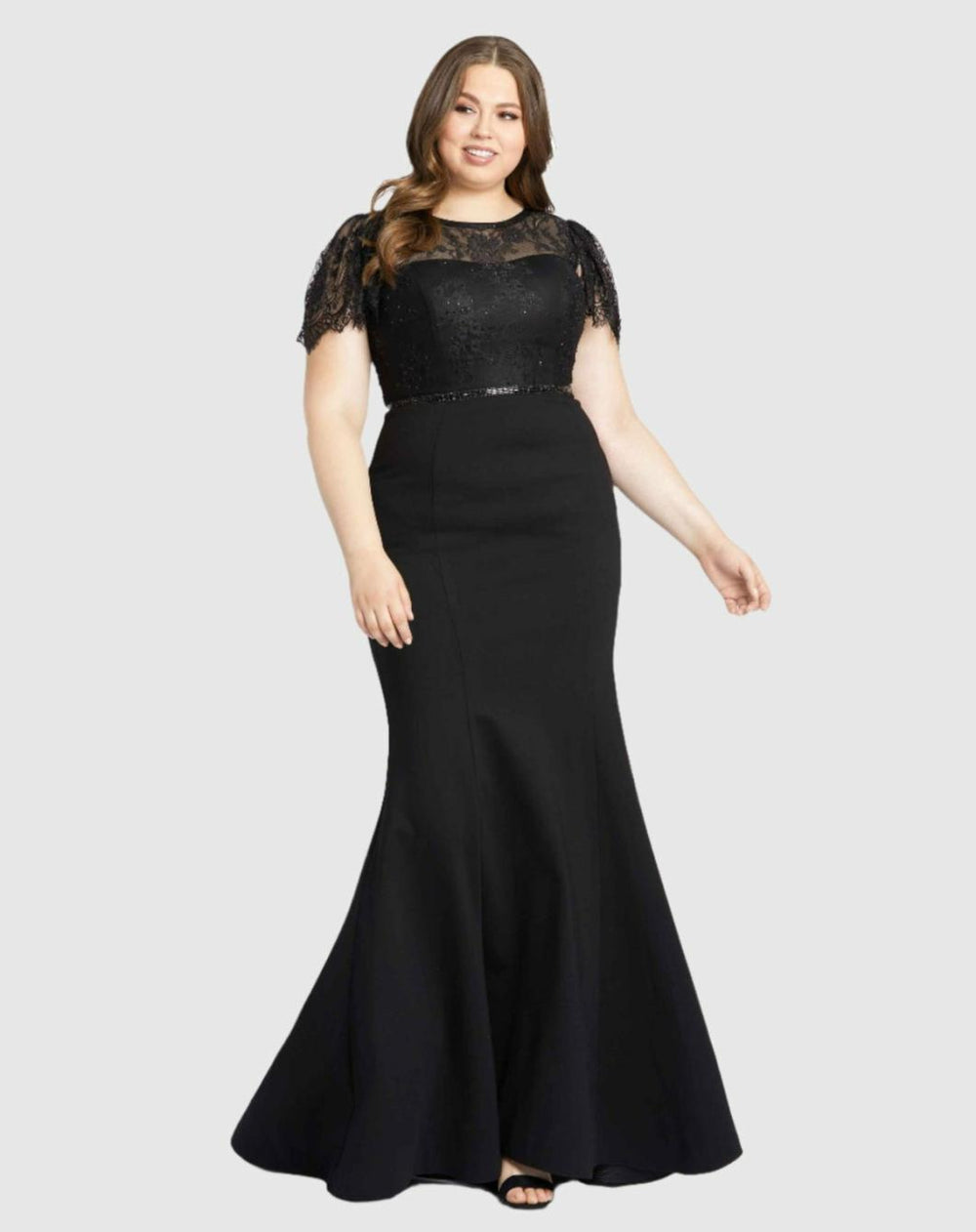 Plus Size Dresses | Women Mac Duggal Lace Illusion High Neck Cap Sleeve Gown Black