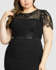 Plus Size Dresses | Women Mac Duggal Lace Illusion High Neck Cap Sleeve Gown Black