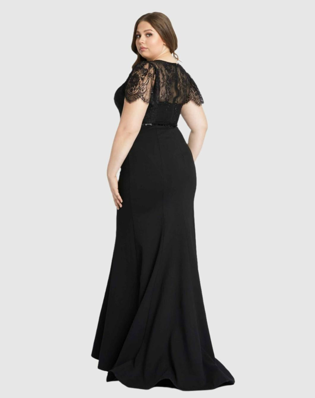 Plus Size Dresses | Women Mac Duggal Lace Illusion High Neck Cap Sleeve Gown Black