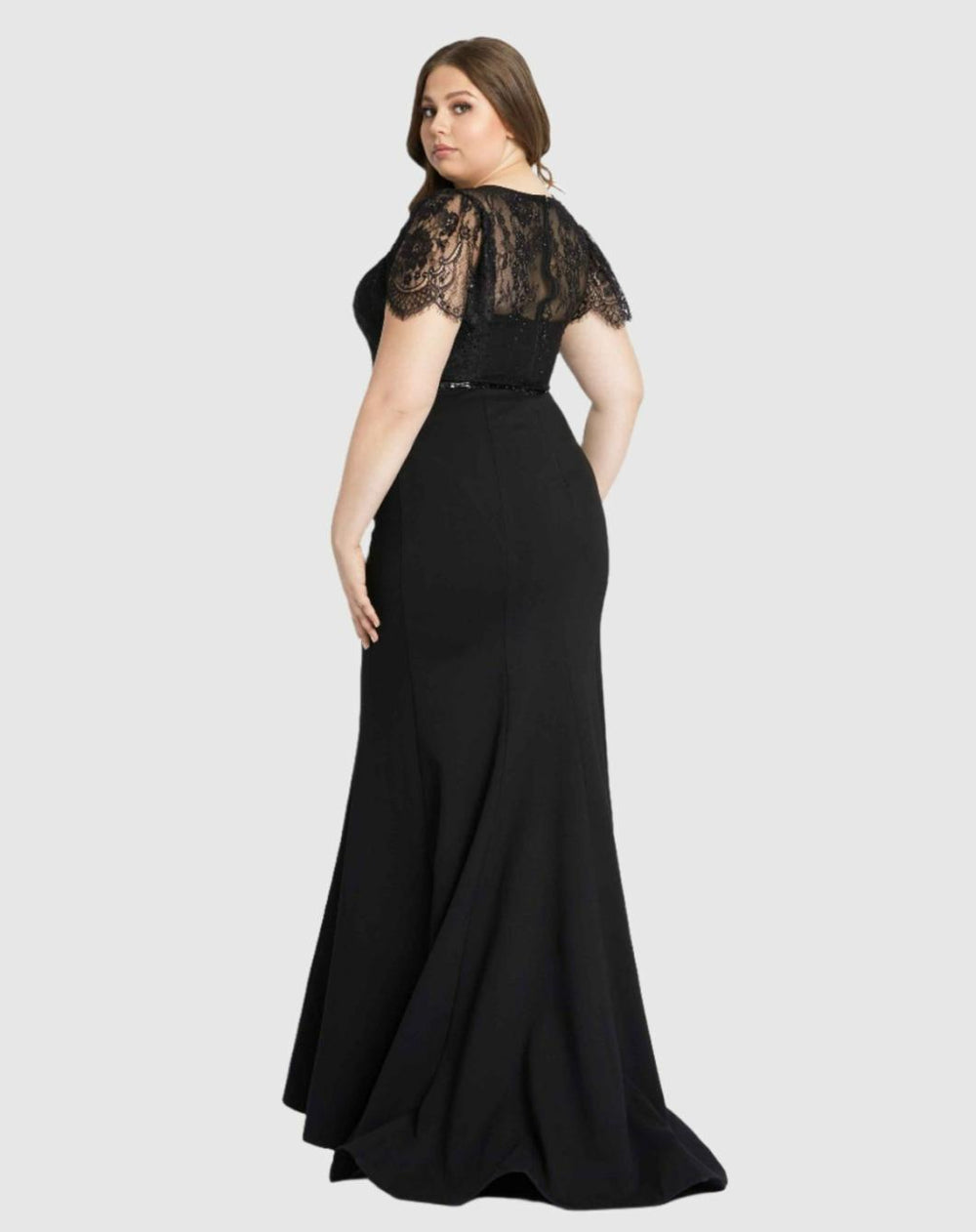 Plus Size Dresses | Women Mac Duggal Lace Illusion High Neck Cap Sleeve Gown Black