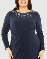 Plus Size Dresses | Women Mac Duggal Long Sleeve Embellished Neckline Jersey Gown Midnight