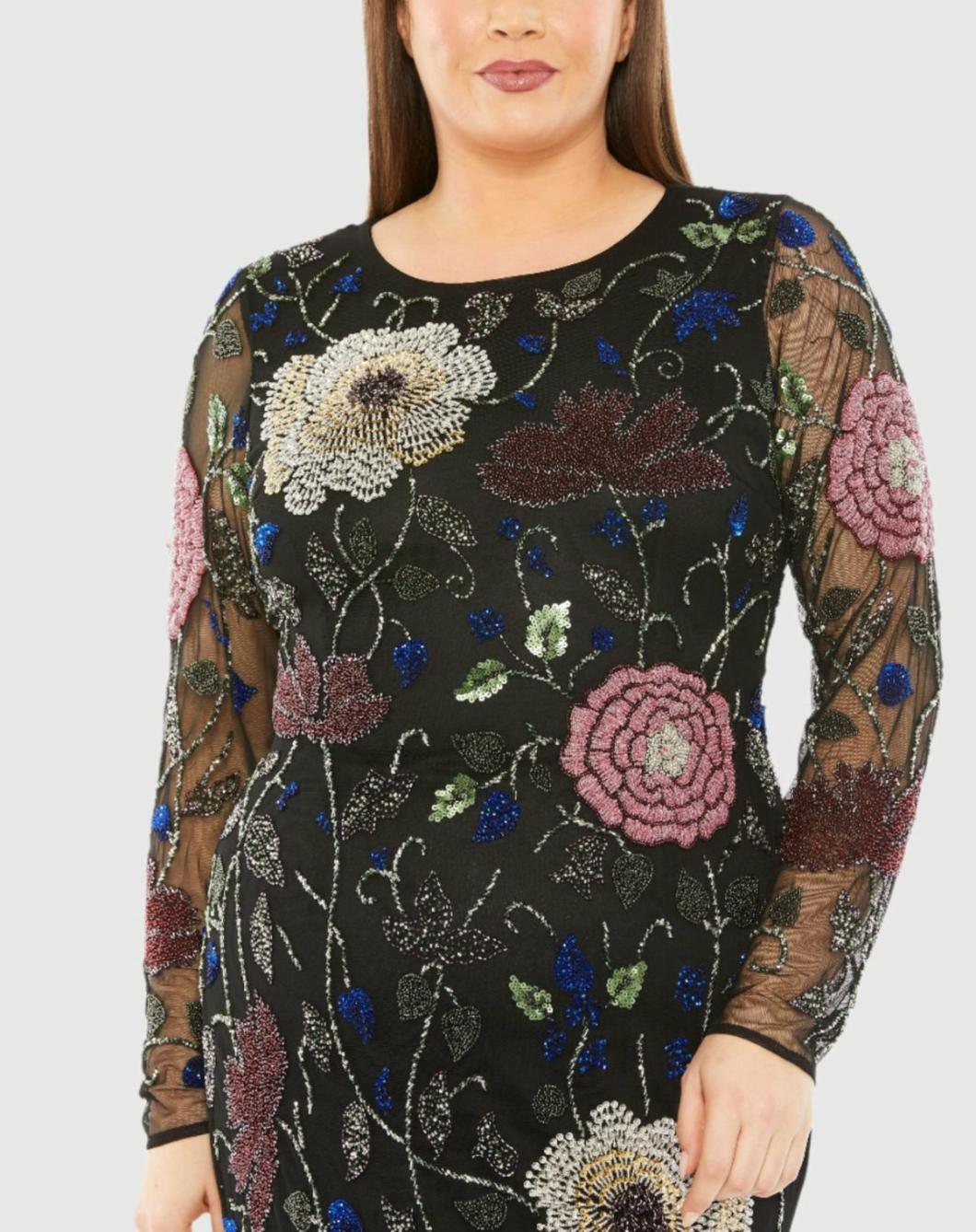 Plus Size Dresses | Women Mac Duggal Long Sleeve High Neck Floral Embroidered Dress Black Multi