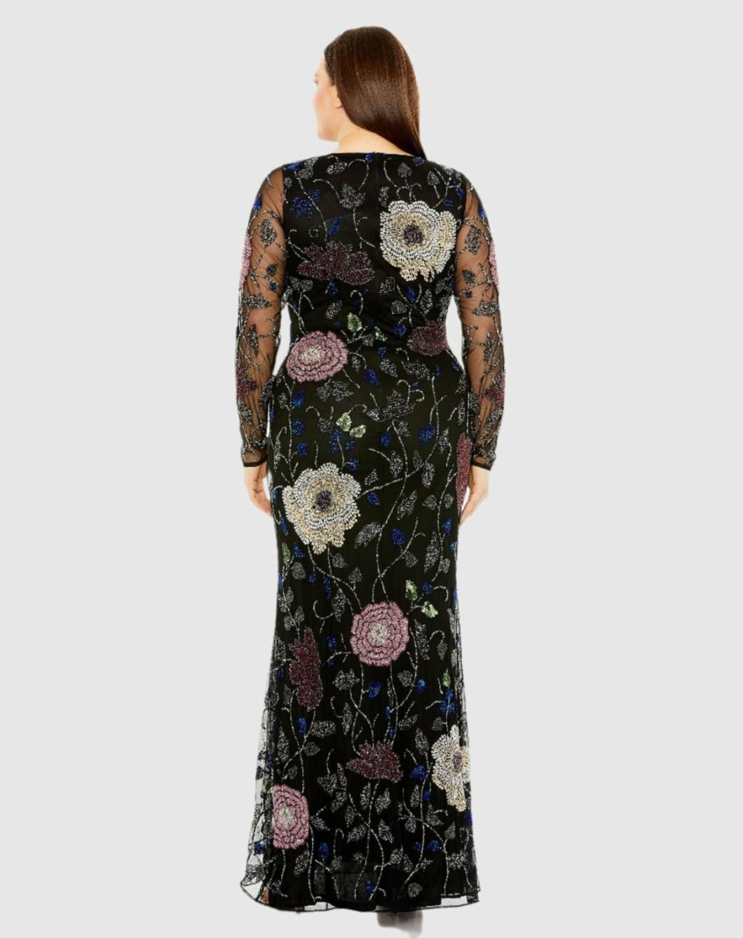 Plus Size Dresses | Women Mac Duggal Long Sleeve High Neck Floral Embroidered Dress Black Multi