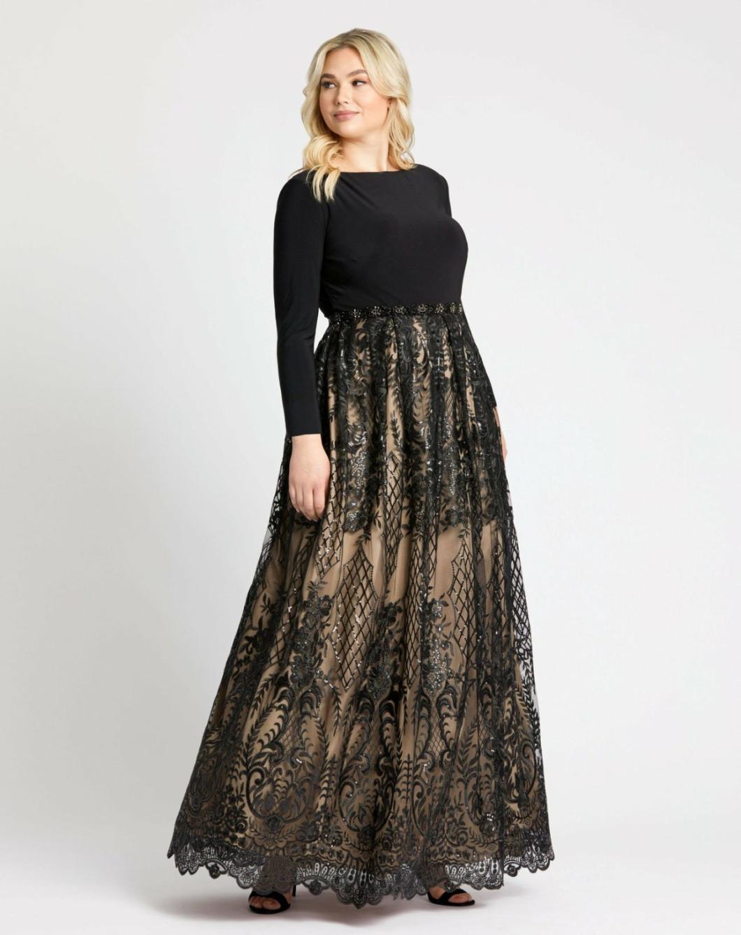 Plus Size Dresses | Women Mac Duggal Long Sleeve High Neck Lace A Line Gown - FINAL SALE Black Nude
