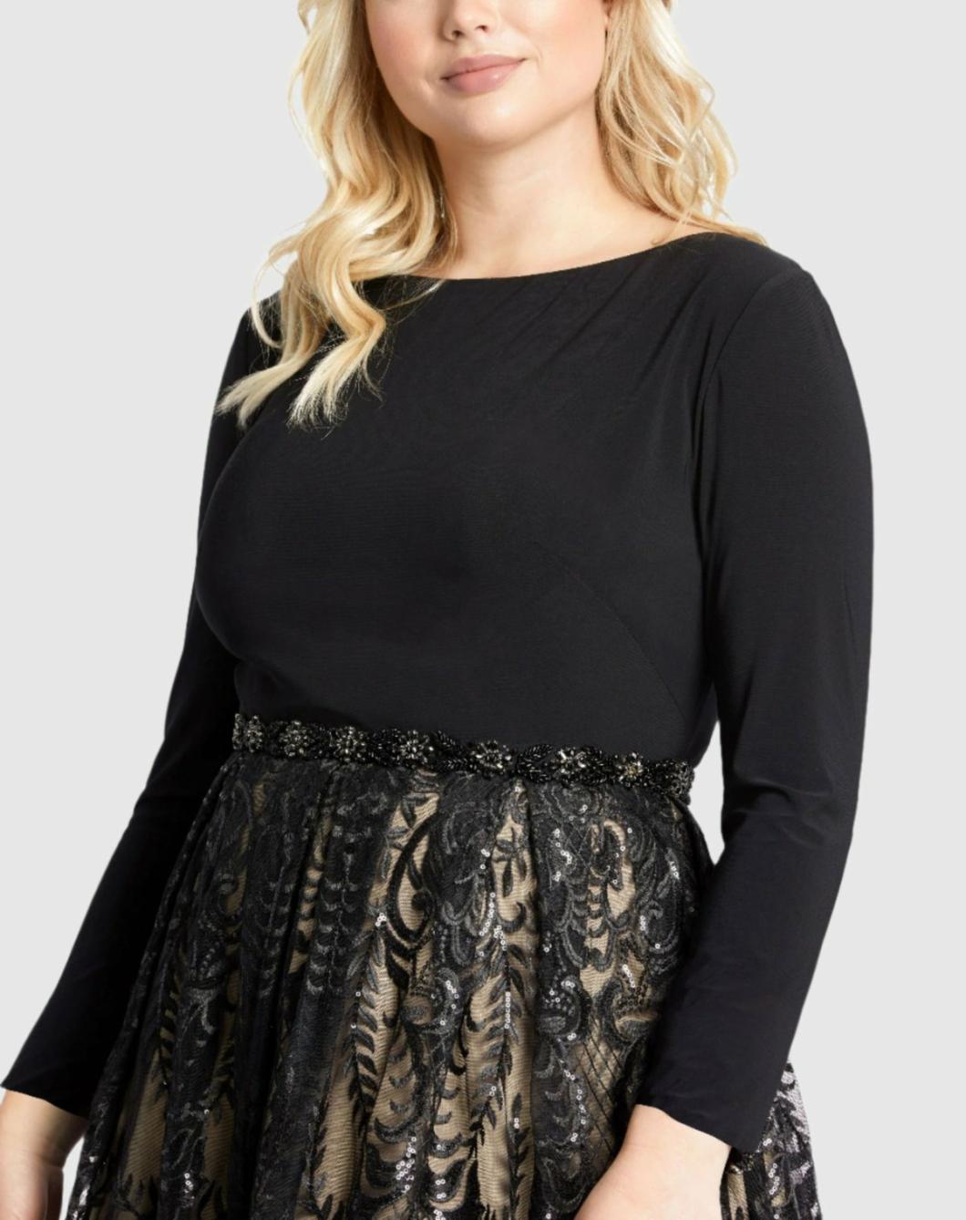 Plus Size Dresses | Women Mac Duggal Long Sleeve High Neck Lace A Line Gown - FINAL SALE Black Nude