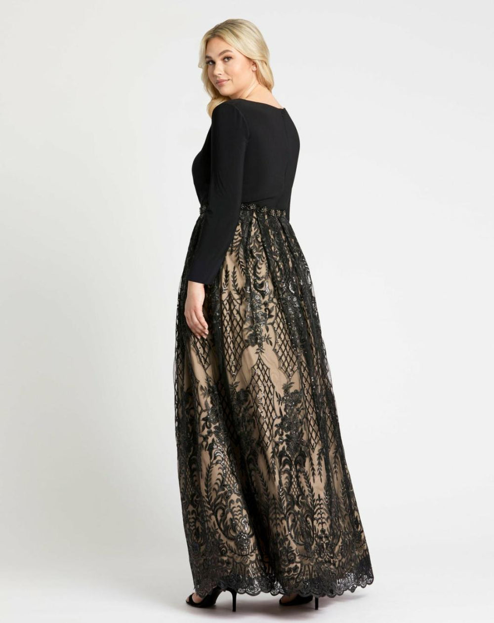 Plus Size Dresses | Women Mac Duggal Long Sleeve High Neck Lace A Line Gown - FINAL SALE Black Nude