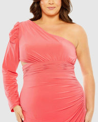 Plus Size Dresses | Women Mac Duggal Long Sleeve One Shoulder Fringe Embellished Gown Watermelon