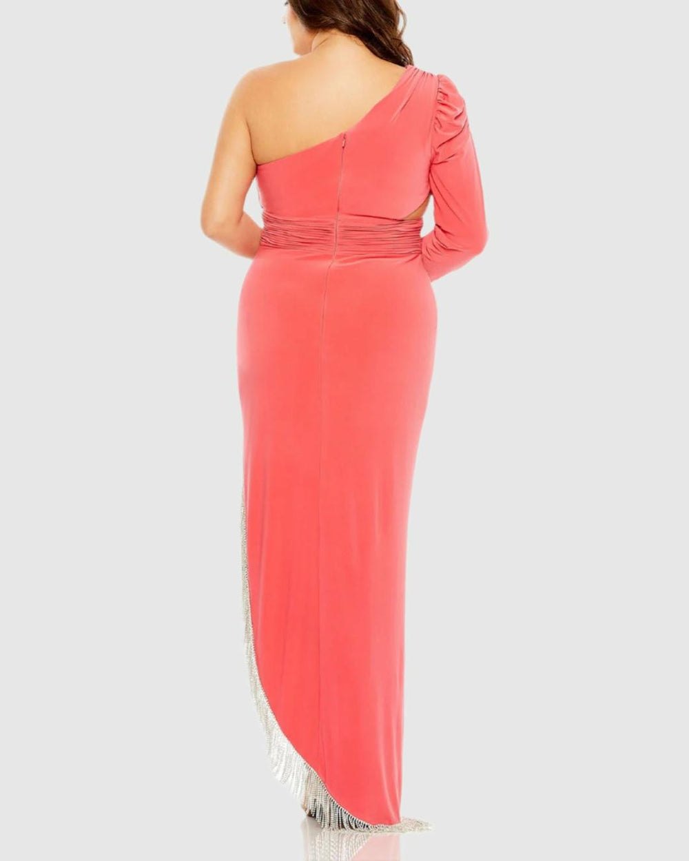 Plus Size Dresses | Women Mac Duggal Long Sleeve One Shoulder Fringe Embellished Gown Watermelon