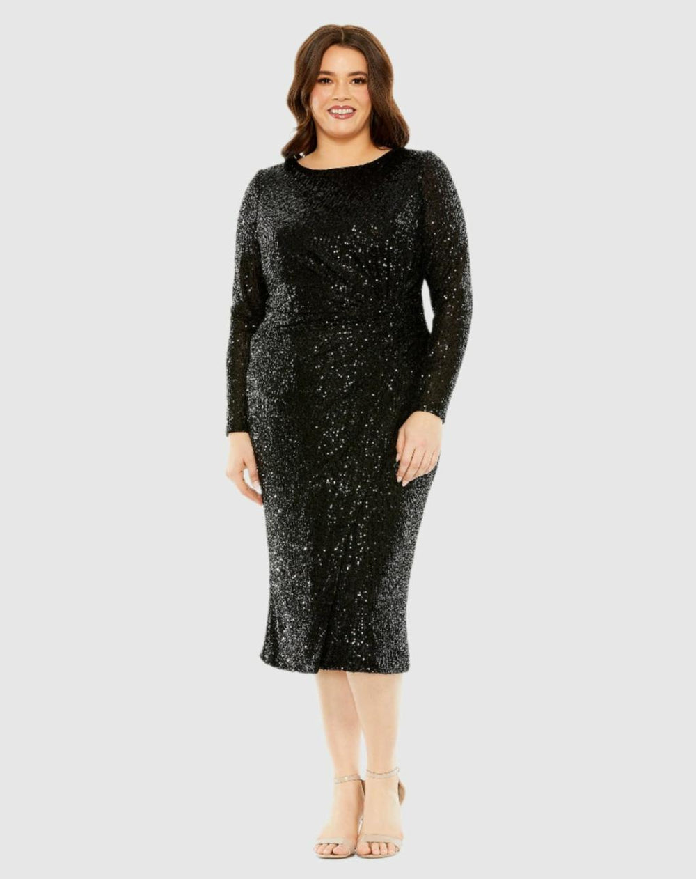 Plus Size Dresses | Women Mac Duggal Long Sleeve Sequin Gathered Waist Dress Black