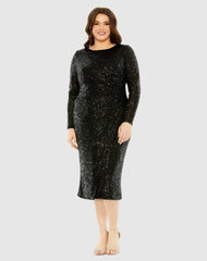 Plus Size Dresses | Women Mac Duggal Long Sleeve Sequin Gathered Waist Dress Black