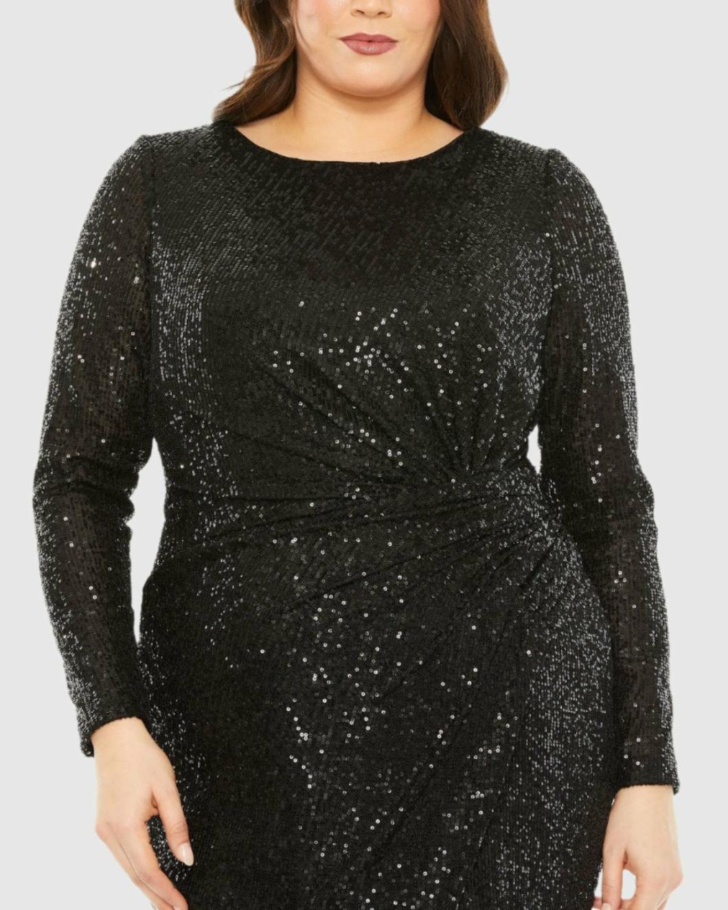 Plus Size Dresses | Women Mac Duggal Long Sleeve Sequin Gathered Waist Dress Black