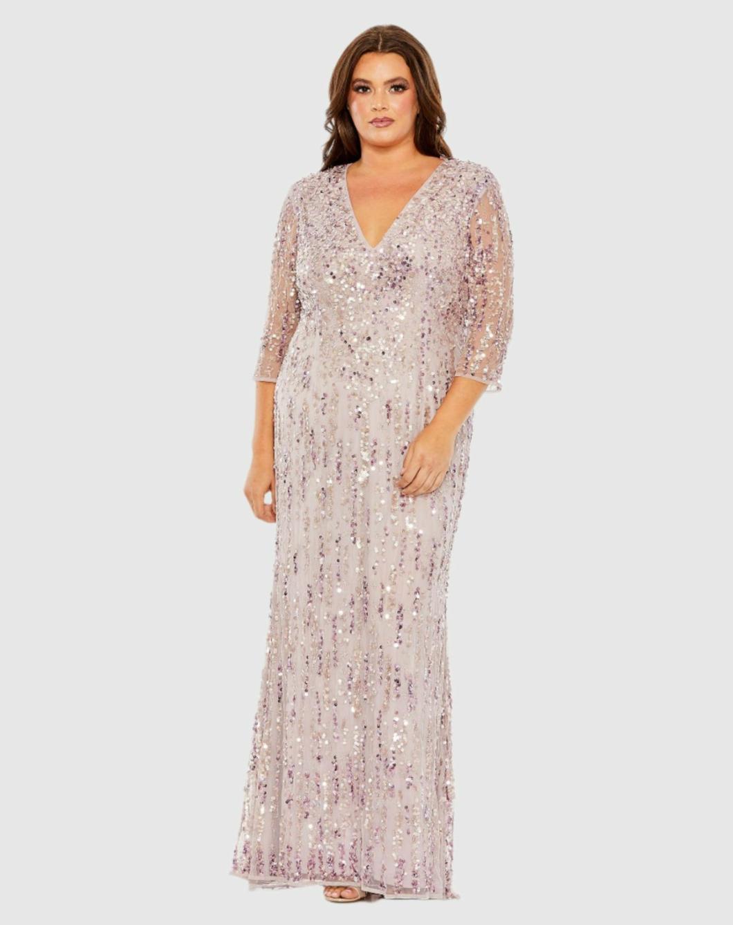 Plus Size Dresses | Women Mac Duggal Mid Length Mesh Sleeve V Neck Embellished Dress Lilac