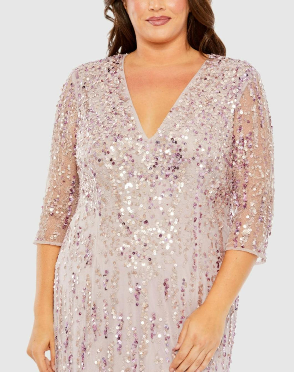 Plus Size Dresses | Women Mac Duggal Mid Length Mesh Sleeve V Neck Embellished Dress Lilac