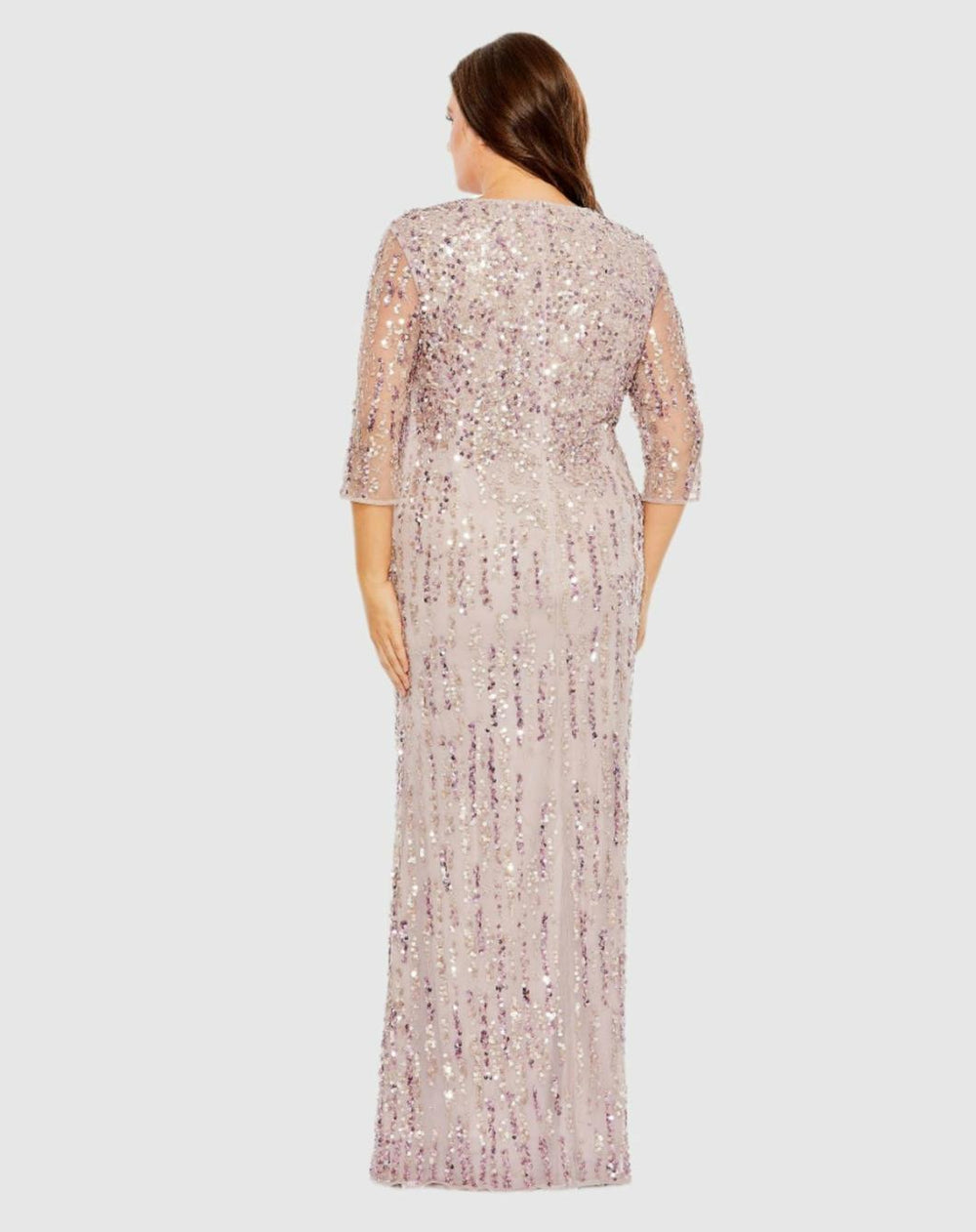 Plus Size Dresses | Women Mac Duggal Mid Length Mesh Sleeve V Neck Embellished Dress Lilac