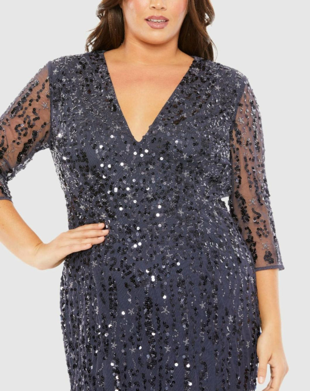Plus Size Dresses | Women Mac Duggal Mid Length Mesh Sleeve V Neck Embellished Dress Lilac