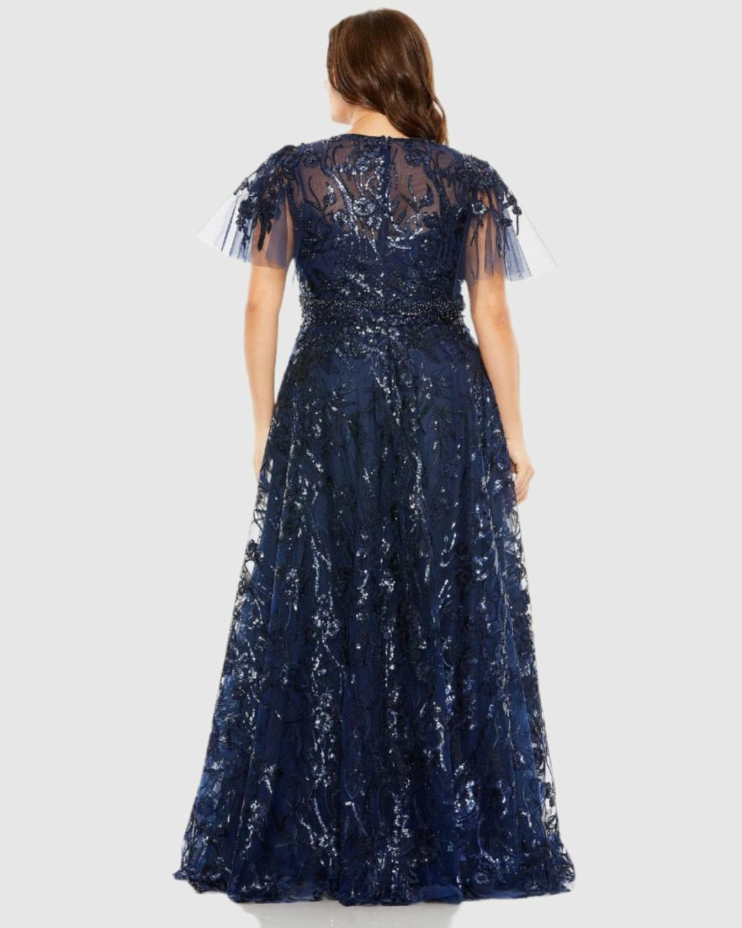 Plus Size Dresses | Women Mac Duggal Navy High Neck Flutter Sleeve Embellished A-Line Gown Midnight
