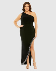Plus Size Dresses | Women Mac Duggal One Shoulder Asymmetrical Embellished Hem Dress Black Multi