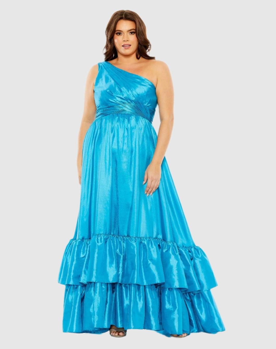 Plus Size Dresses | Women Mac Duggal One Shoulder Asymmetrical Ruffle Hem Gown Turquoise
