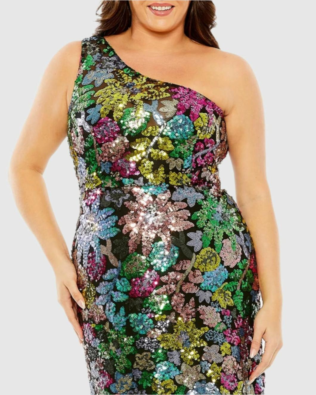 Plus Size Dresses | Women Mac Duggal One Shoulder Floral Sequin Gown Black Multi