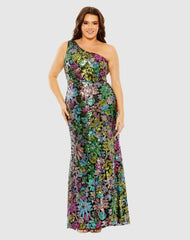 Plus Size Dresses | Women Mac Duggal One Shoulder Floral Sequin Gown Black Multi