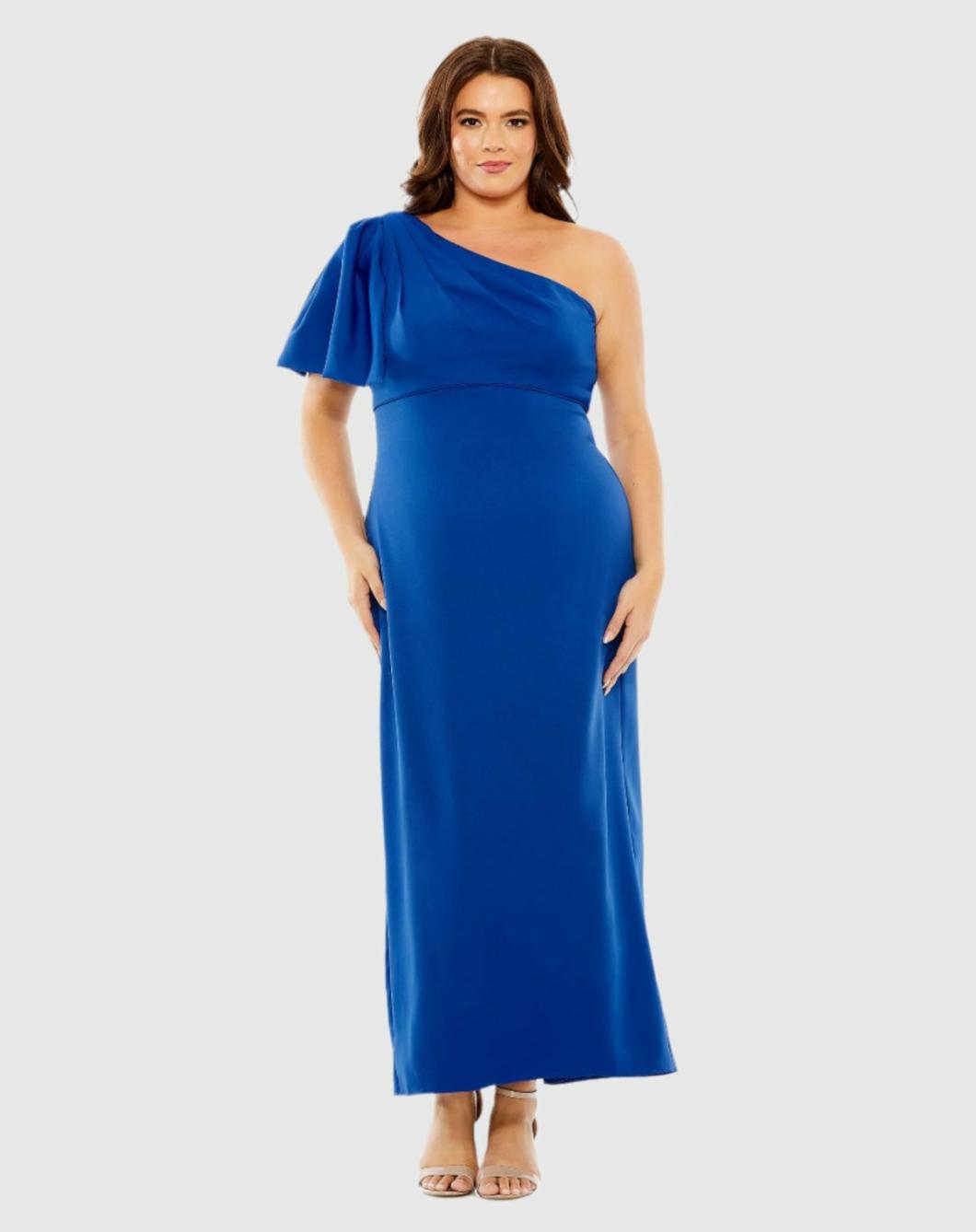 Plus Size Dresses | Women Mac Duggal One Shoulder Tea Length Crepe Dress (Plus) - FINAL SALE Cobalt