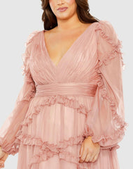 Plus Size Dresses | Women Mac Duggal Pink V Neck Ruffle Tiered Puff Sleeve Gown Dusty Rose
